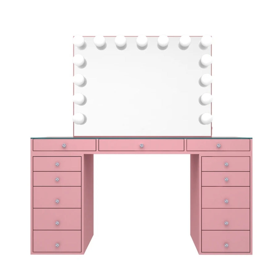 Pink vanity set with Bluetooth speakers mirror