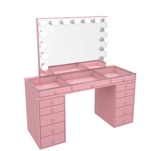 Pink vanity set with Bluetooth speakers mirror