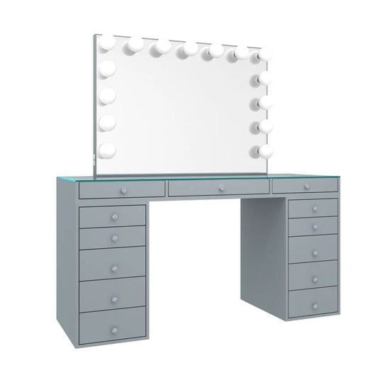 Gray vanity set with Bluetooth speakers mirror